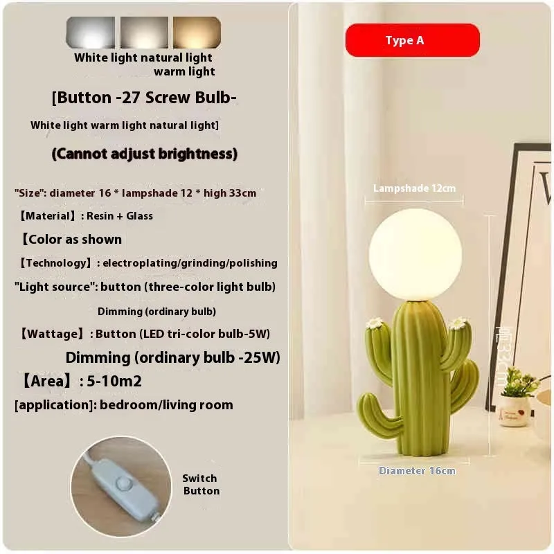 Green cactus button desk lamp with three-colour accents on a bedside table in a child's room