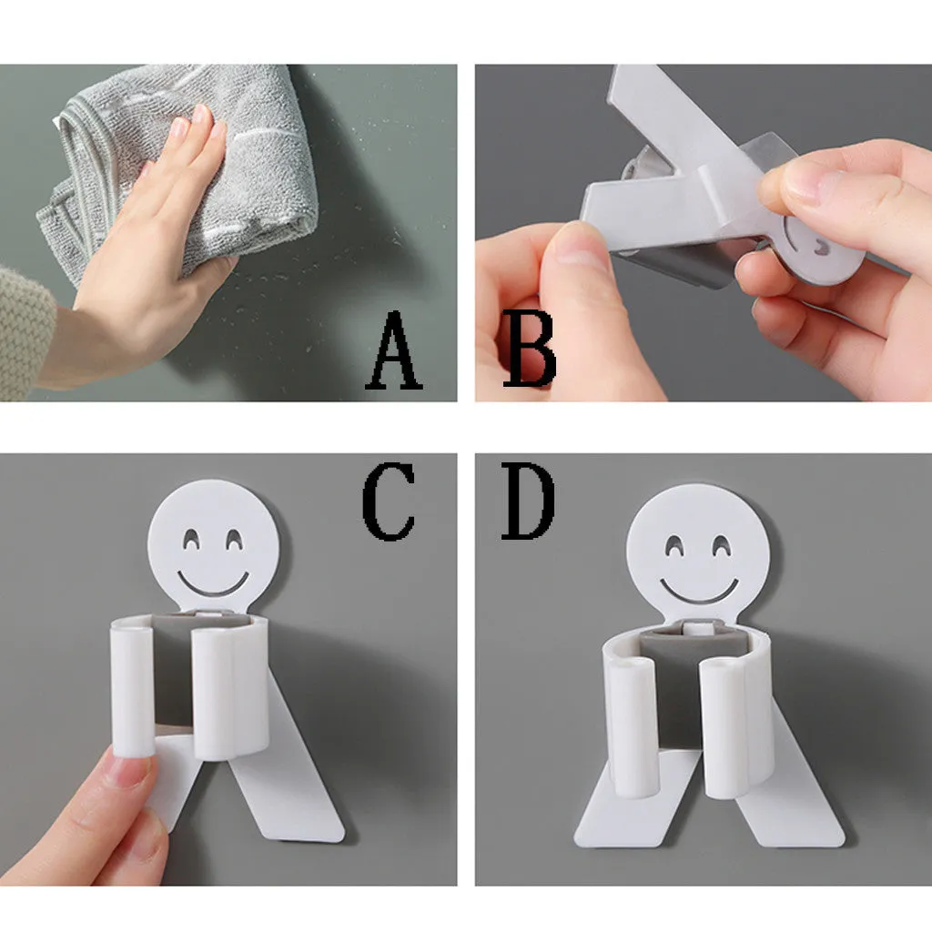 White bathroom toilet mop hook with adhesive backing for wall mounting, holding a toilet brush handle