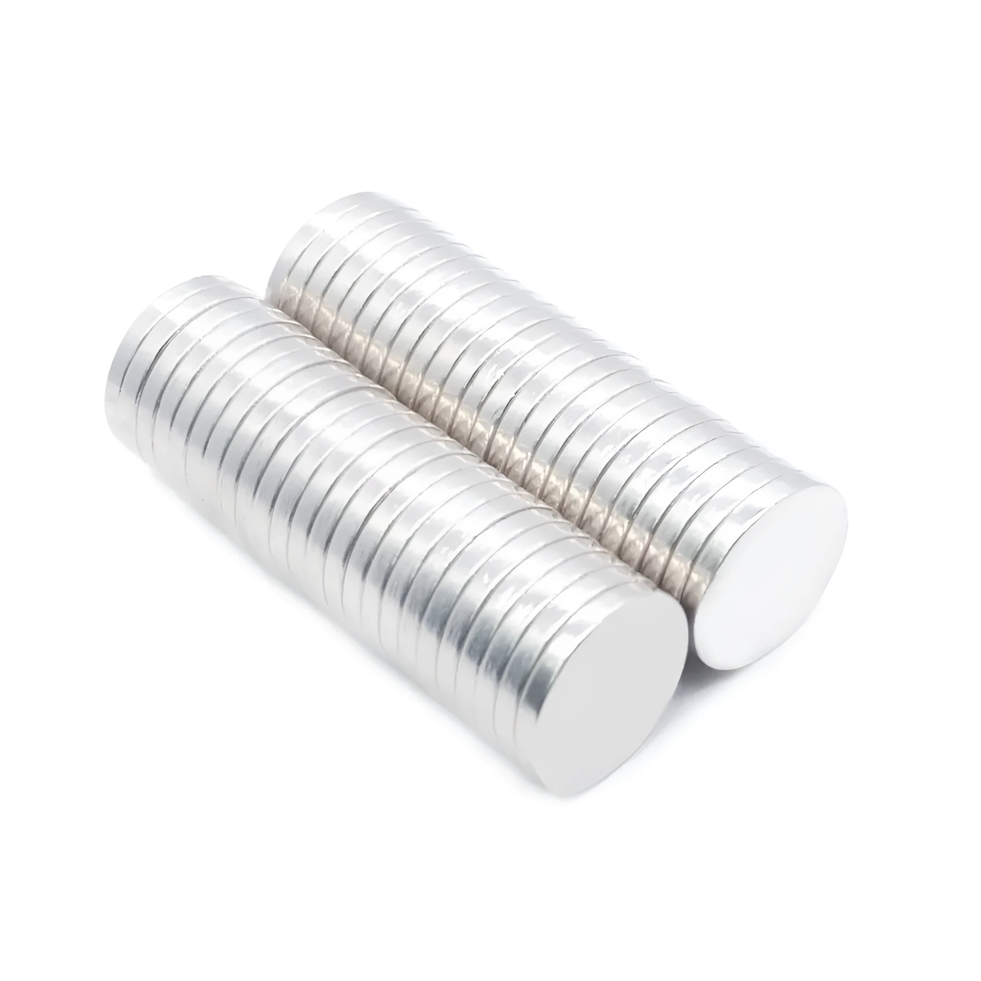 Silver NdFeB disc magnet 14mm diameter 2mm thickness on white background