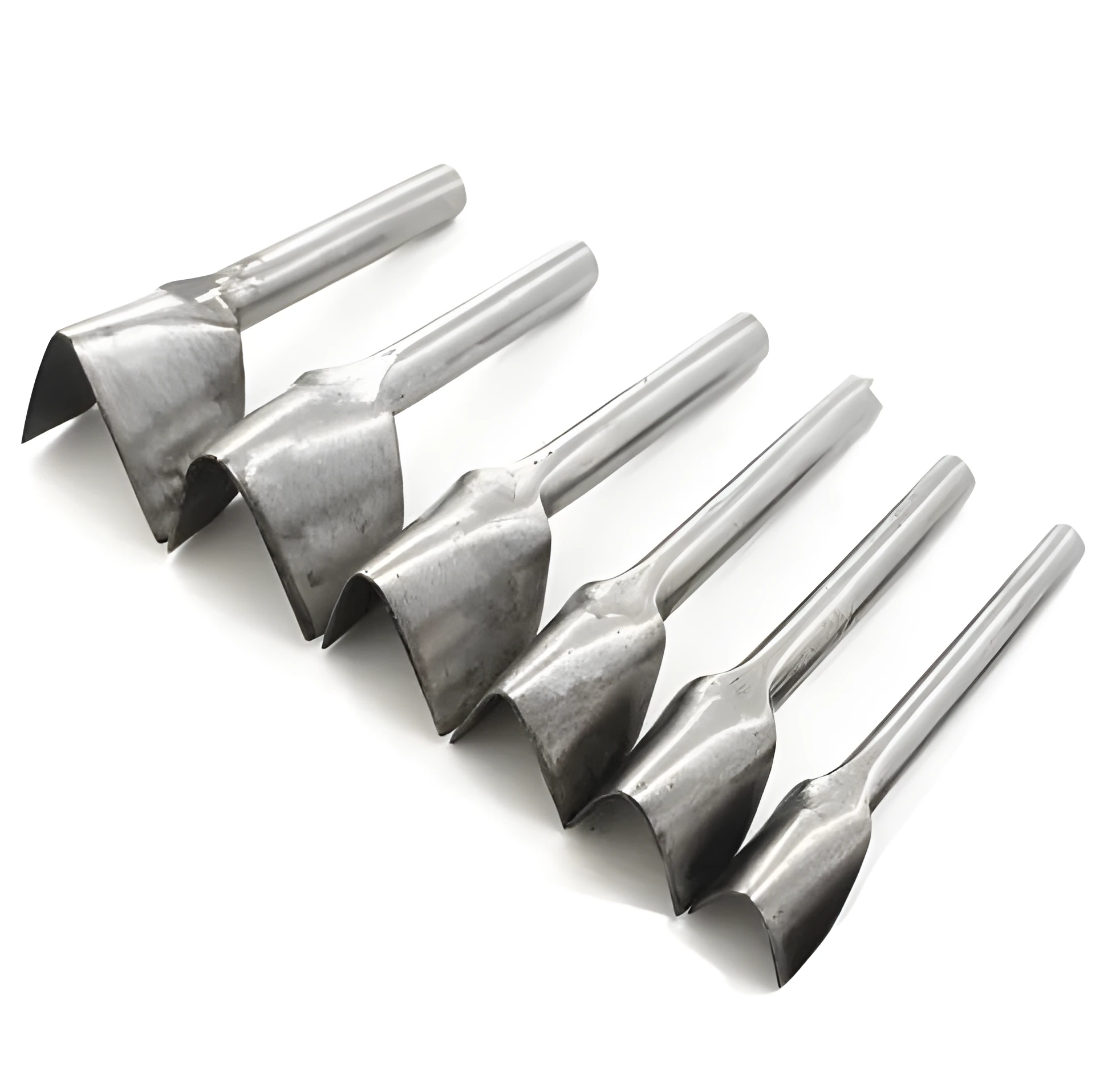 Six steel leather craft punch tools with half-round and V-shaped heads in sizes from 15mm to 40mm