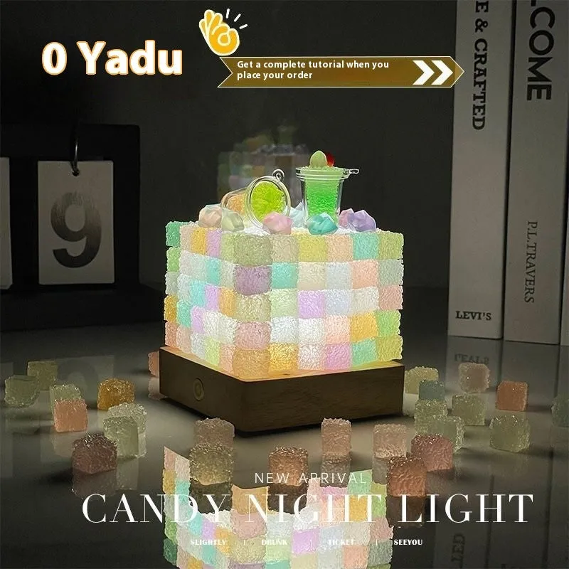 Crystal luminous cube sugar LED small night lamp with 8cm base on a table