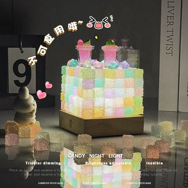 Crystal luminous cube sugar LED small night lamp with 8cm base on a table
