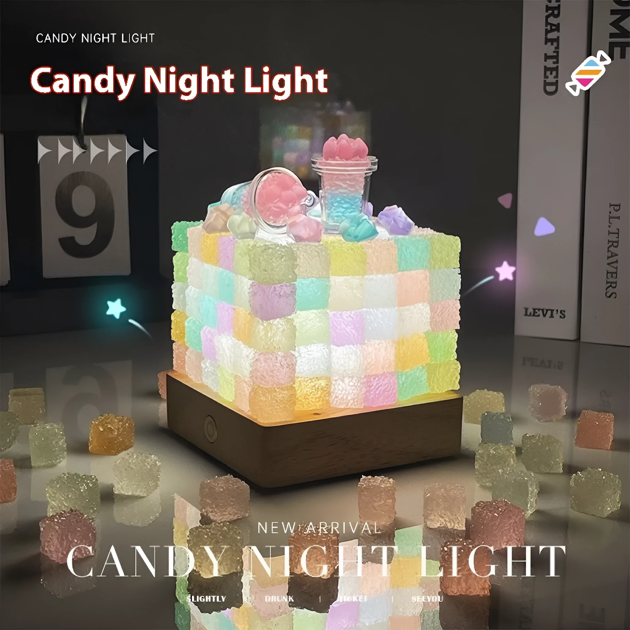Crystal luminous cube sugar LED small night lamp with 8cm base on a table