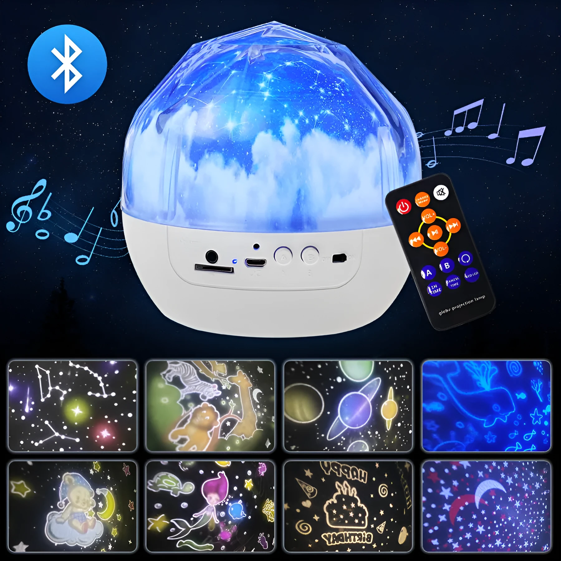 Compact white starry sky projector lamp with film discs on a table, projecting galaxy scene on wall.