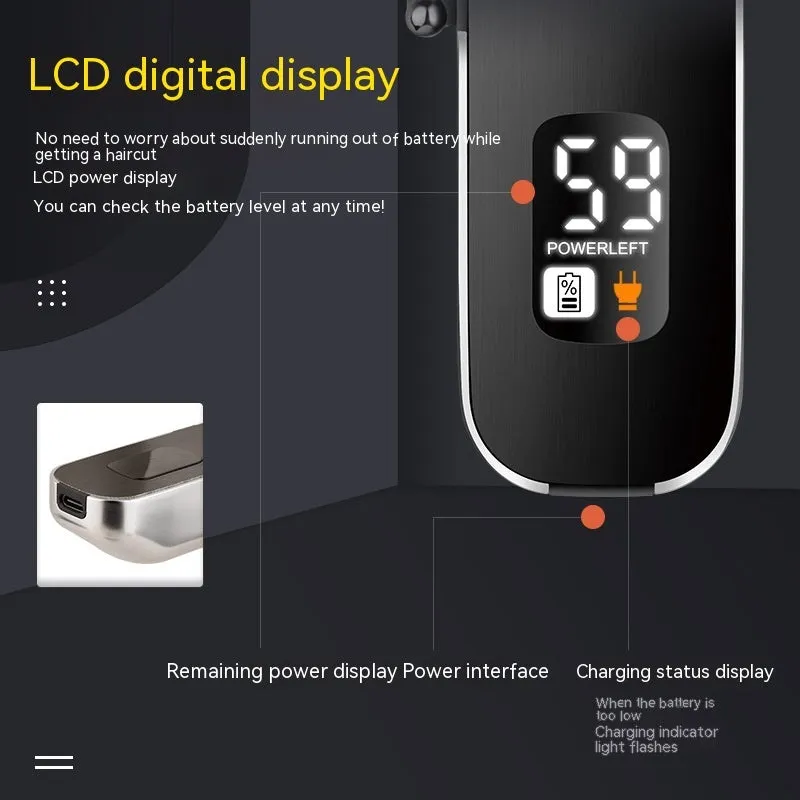 USB rechargeable electric hair clipper with digital display and double cutter head including T-shaped blade and carving cutter