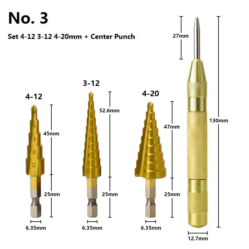 High speed steel step drill bit set with centre punch for metal and wood drilling