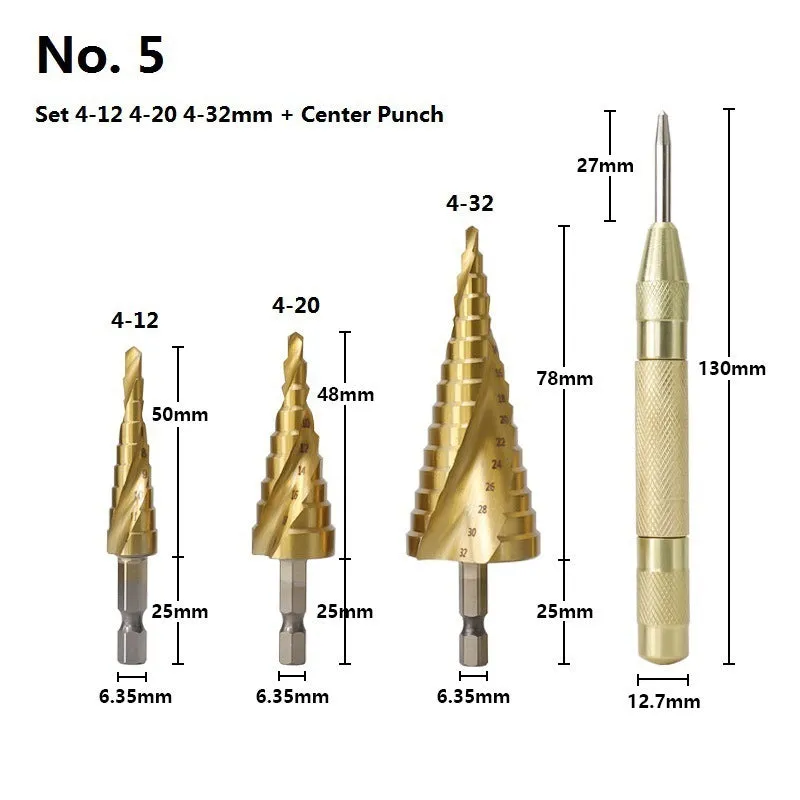 High speed steel step drill bit set with centre punch for metal and wood drilling