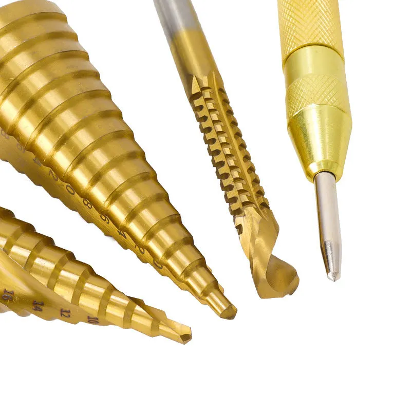High speed steel step drill bit set with centre punch for metal and wood drilling