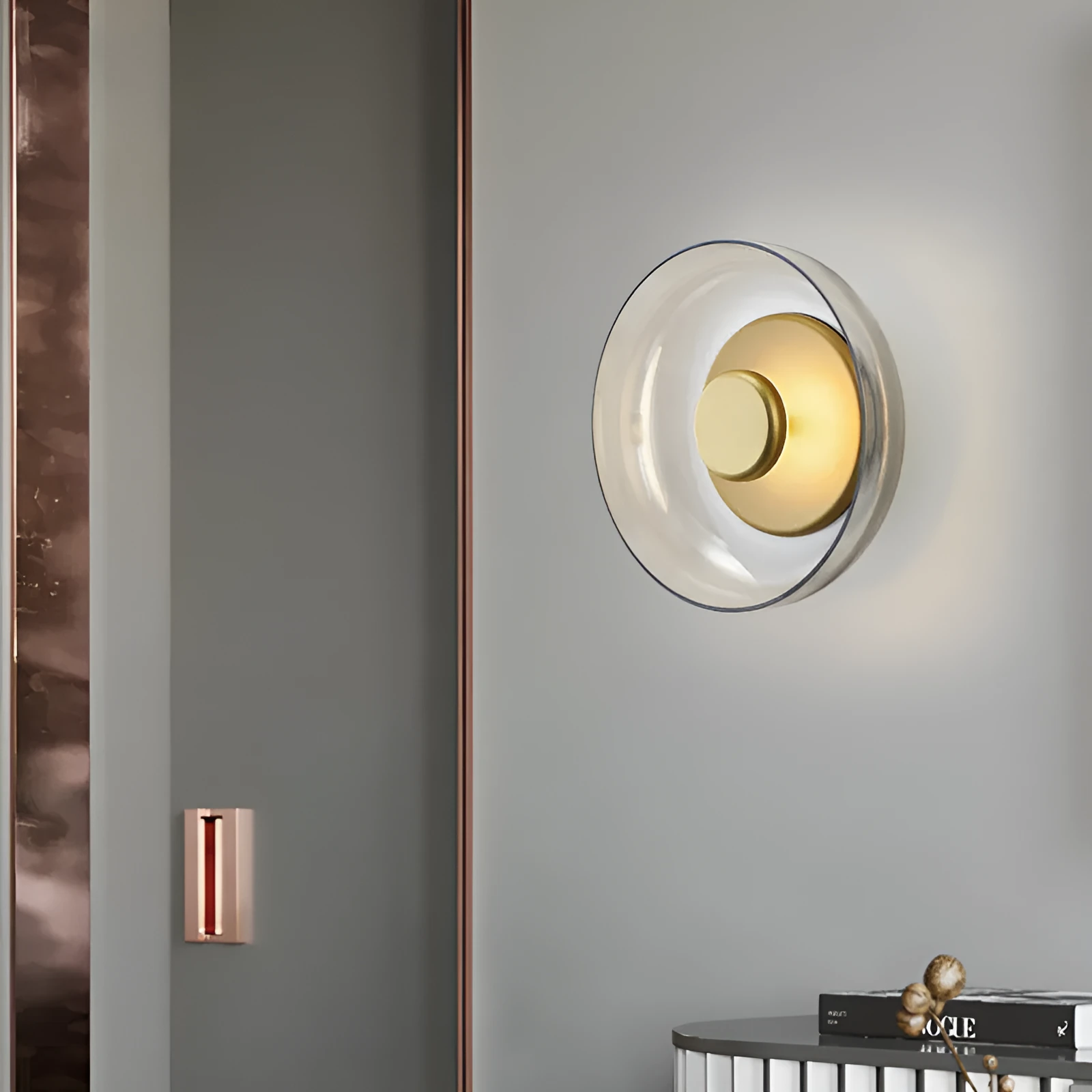 Scandinavian glass wall lamp with petal-shaped shade in gold and transparent glass, 230mm