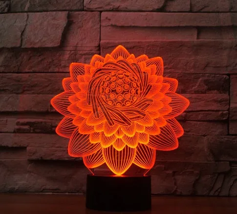 Lotus 2 3D touch LED light with acrylic shade, seven colours, USB cable on white background