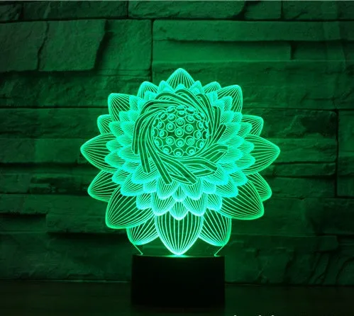Lotus 2 3D touch LED light with acrylic shade, seven colours, USB cable on white background