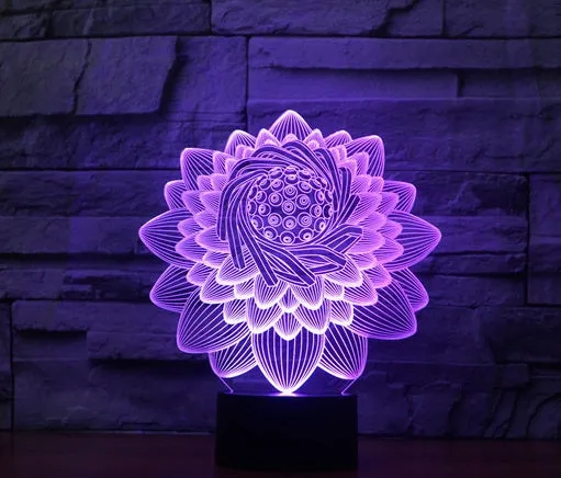 Lotus 2 3D touch LED light with acrylic shade, seven colours, USB cable on white background