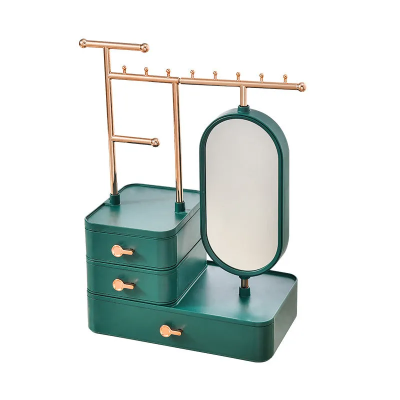 Cosmetics storage box with mirror in pearl white plastic, 27x17x18cm, on desktop with makeup items