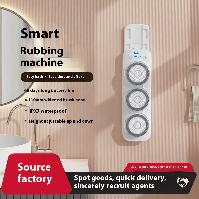 Gray electric bath rubbing machine wall-mounted with three nylon brush heads and washboard