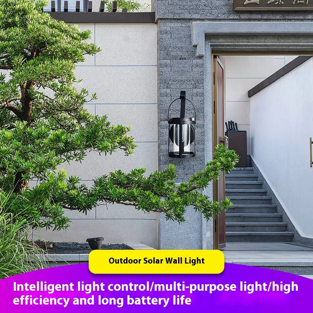 Solar portable outdoor courtyard decorative lamp with aluminium shell, warm white light, and IP44 rating on a garden wall
