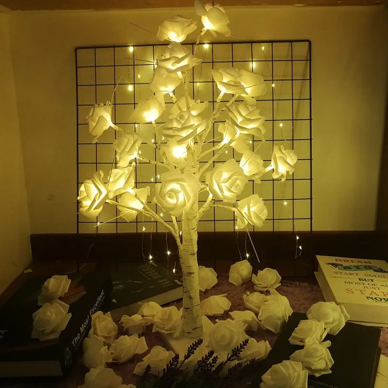 60cm Christmas rose shining tree lamp with pink and white flower-shaped PVC lights on a tabletop