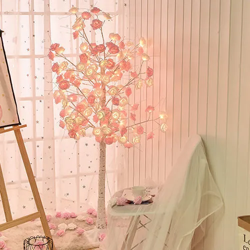 60cm Christmas rose shining tree lamp with pink and white flower-shaped PVC lights on a tabletop