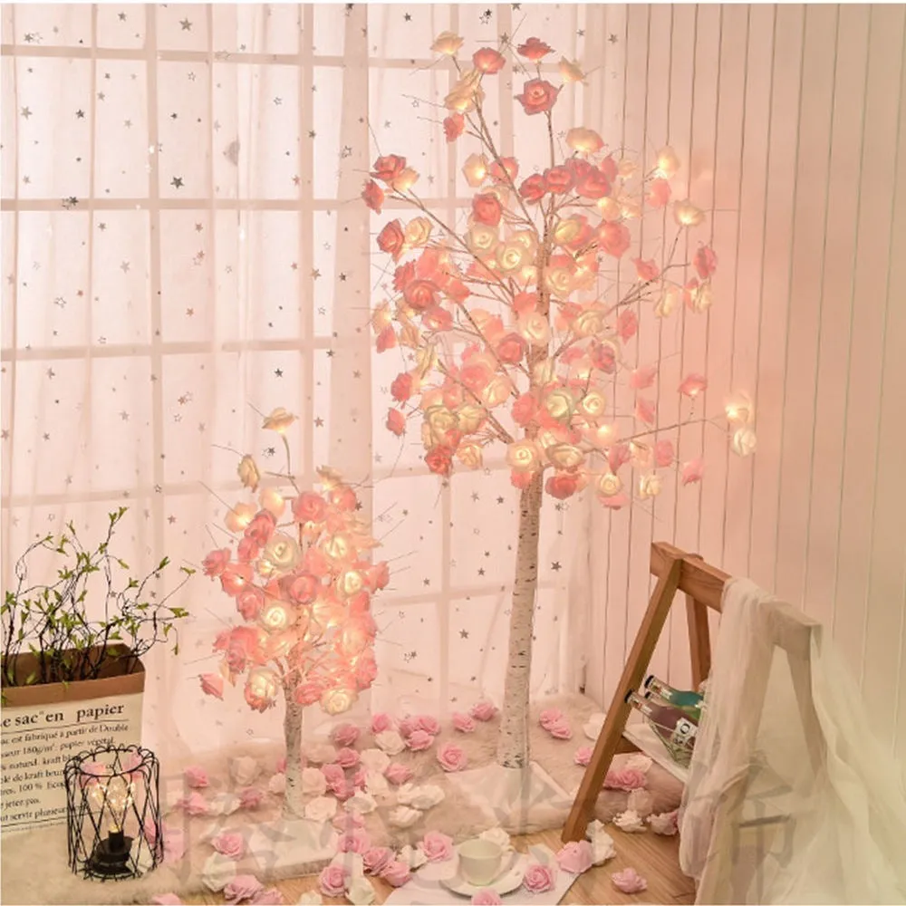 60cm Christmas rose shining tree lamp with pink and white flower-shaped PVC lights on a tabletop