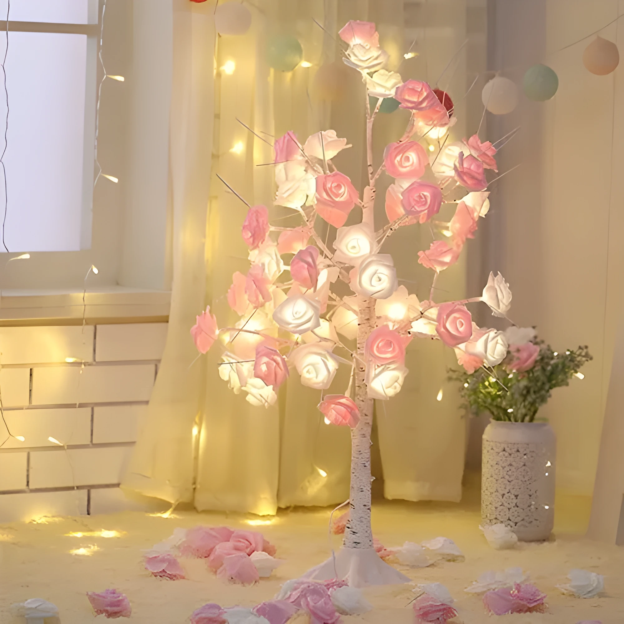 60cm Christmas rose shining tree lamp with pink and white flower-shaped PVC lights on a tabletop