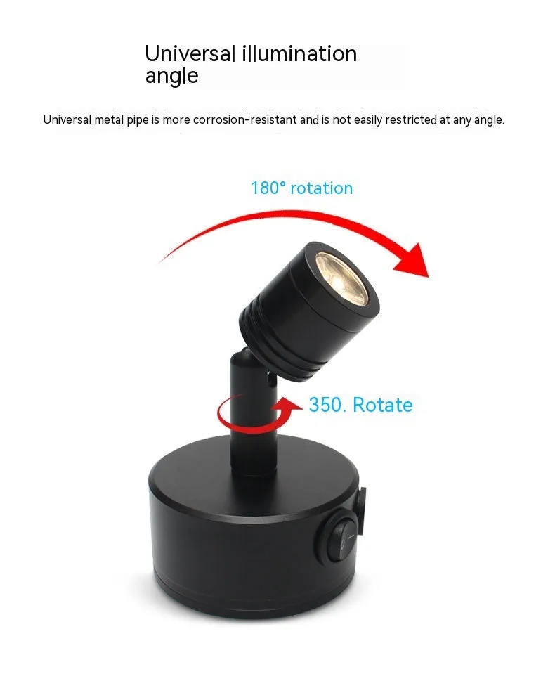 Black rechargeable LED exhibition spotlight with aluminium base and adjustable colour temperature options