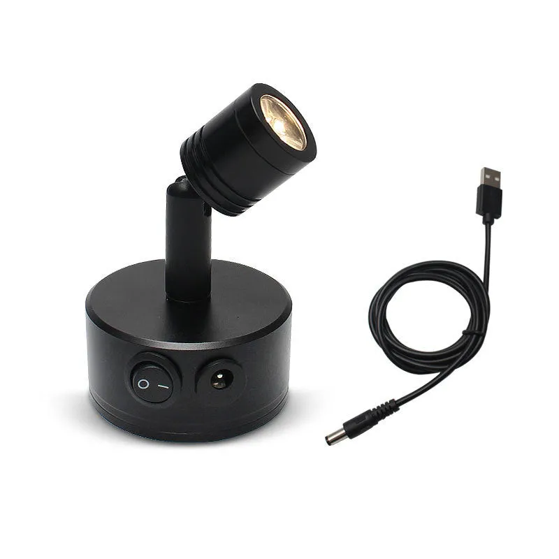 Black rechargeable LED exhibition spotlight with aluminium base and adjustable colour temperature options