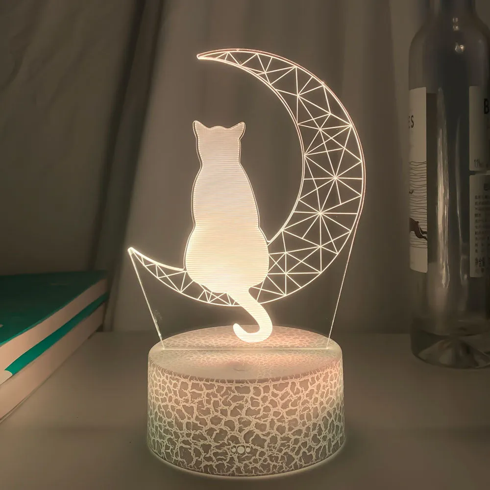 3D LED moon and cat shape acrylic light with black ABS base, USB powered, showing colourful glow