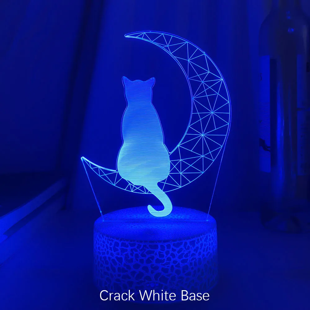 3D LED moon and cat shape acrylic light with black ABS base, USB powered, showing colourful glow