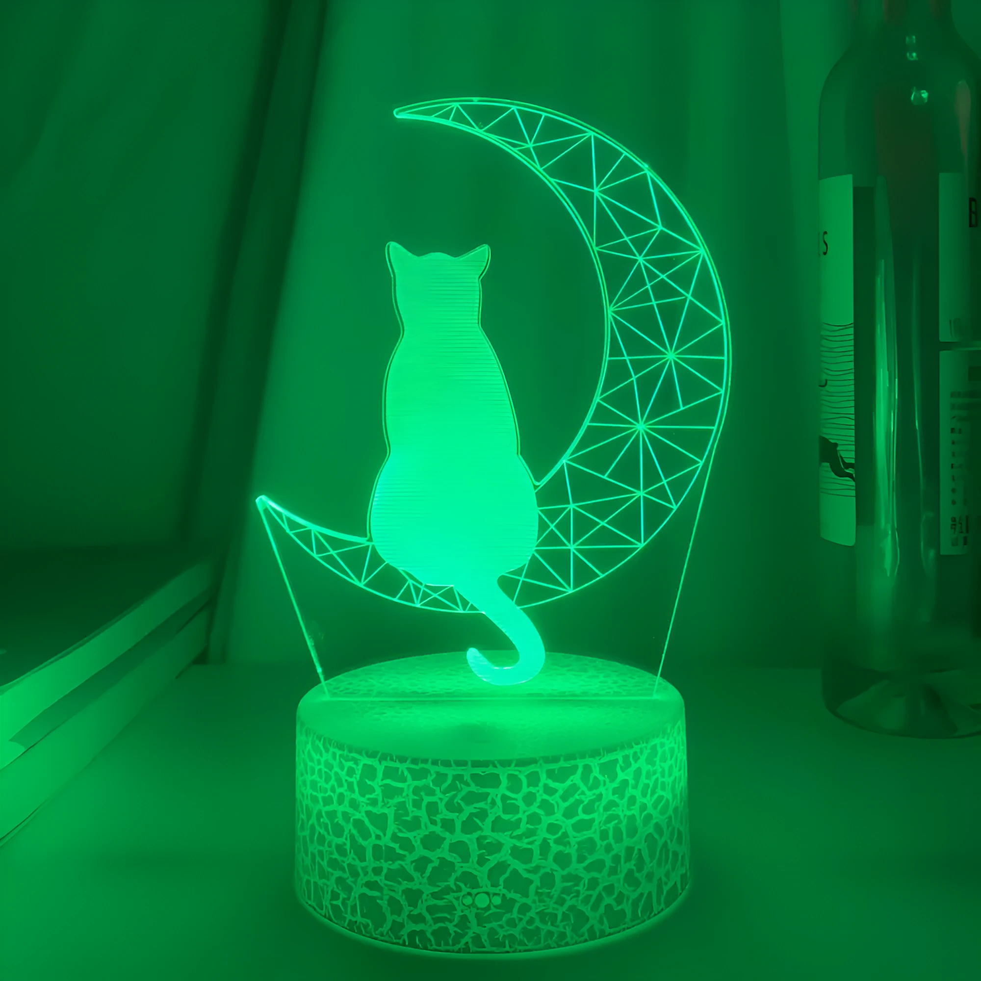 3D LED moon and cat shape acrylic light with black ABS base, USB powered, showing colourful glow