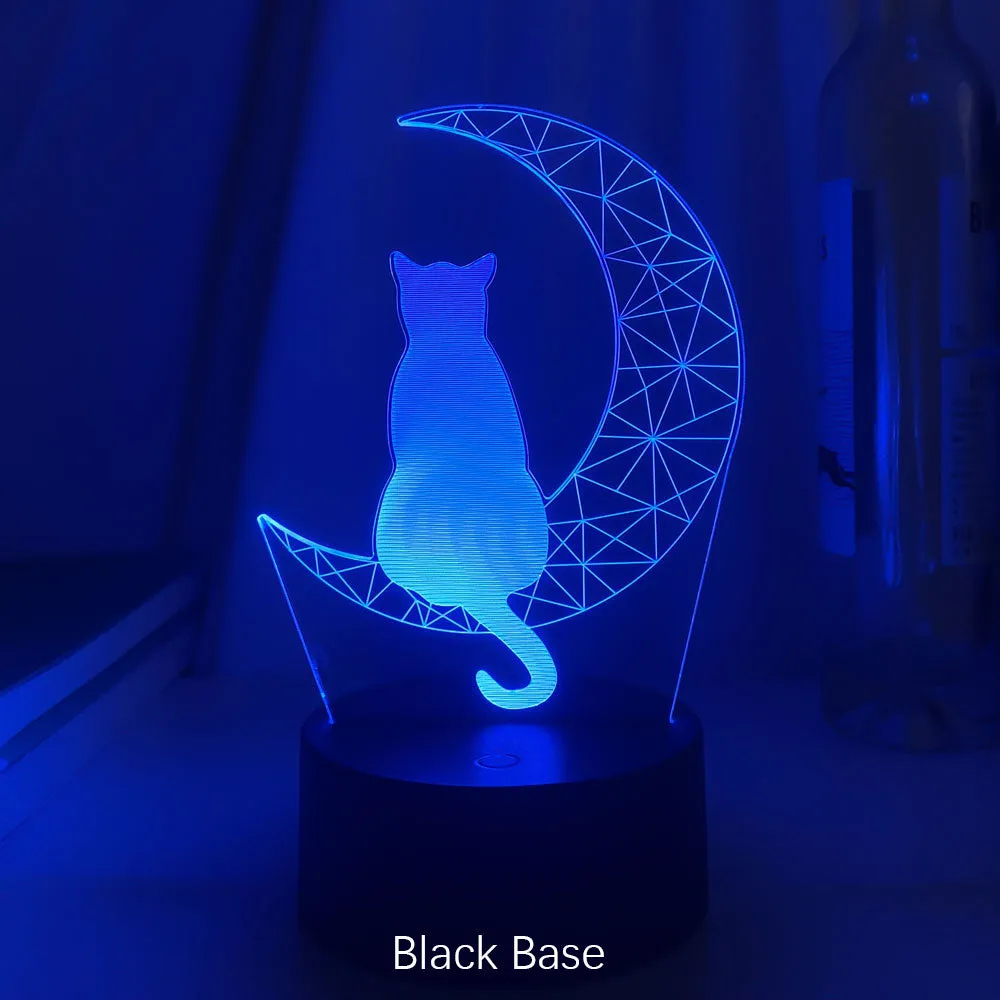 3D LED moon and cat shape acrylic light with black ABS base, USB powered, showing colourful glow