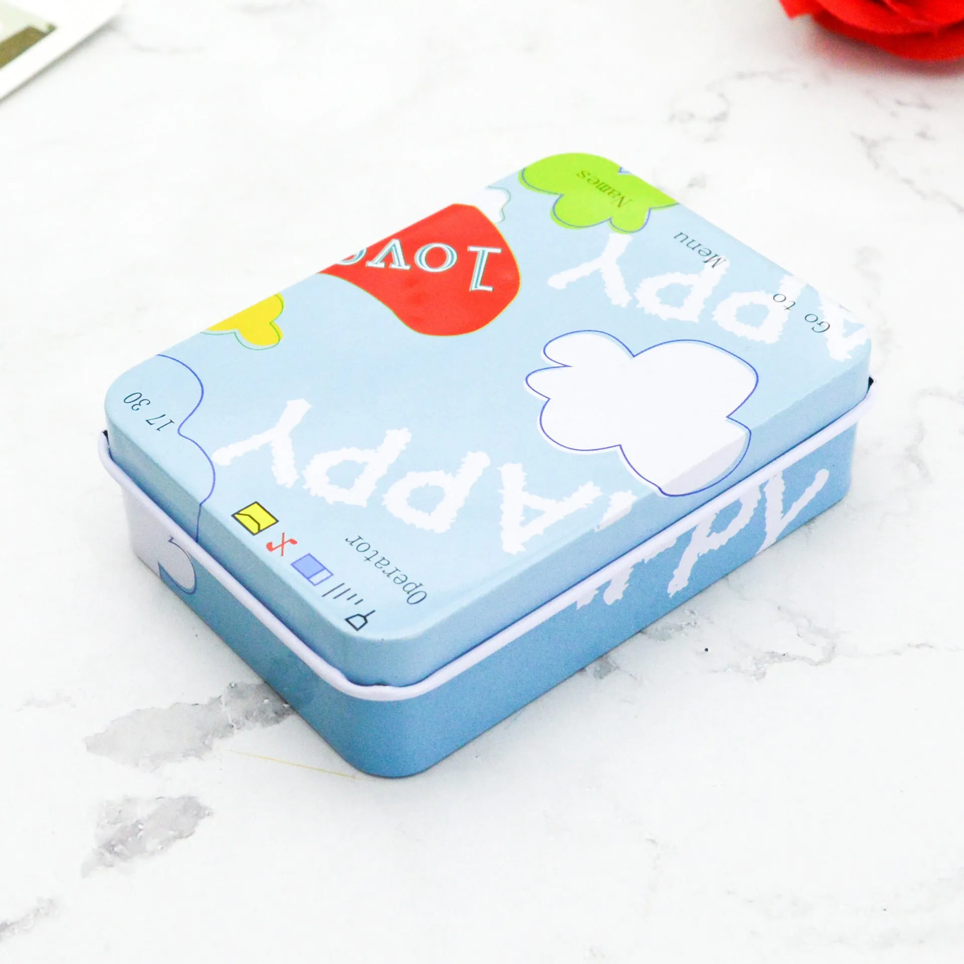 Square tinplate storage box with dimensions 90x65x25mm, available in multiple colours for jewellery and stickers
