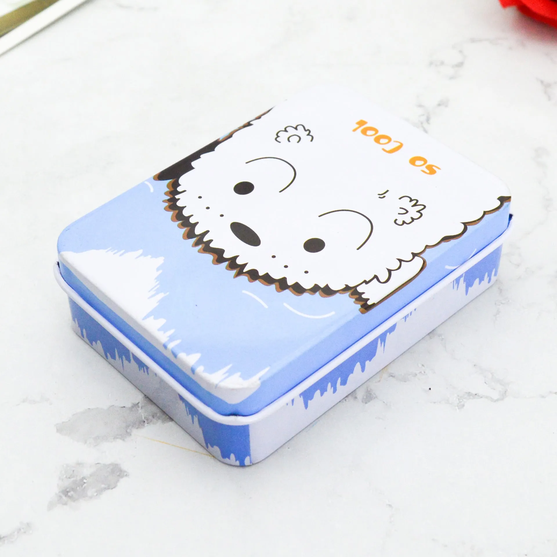 Square tinplate storage box with dimensions 90x65x25mm, available in multiple colours for jewellery and stickers