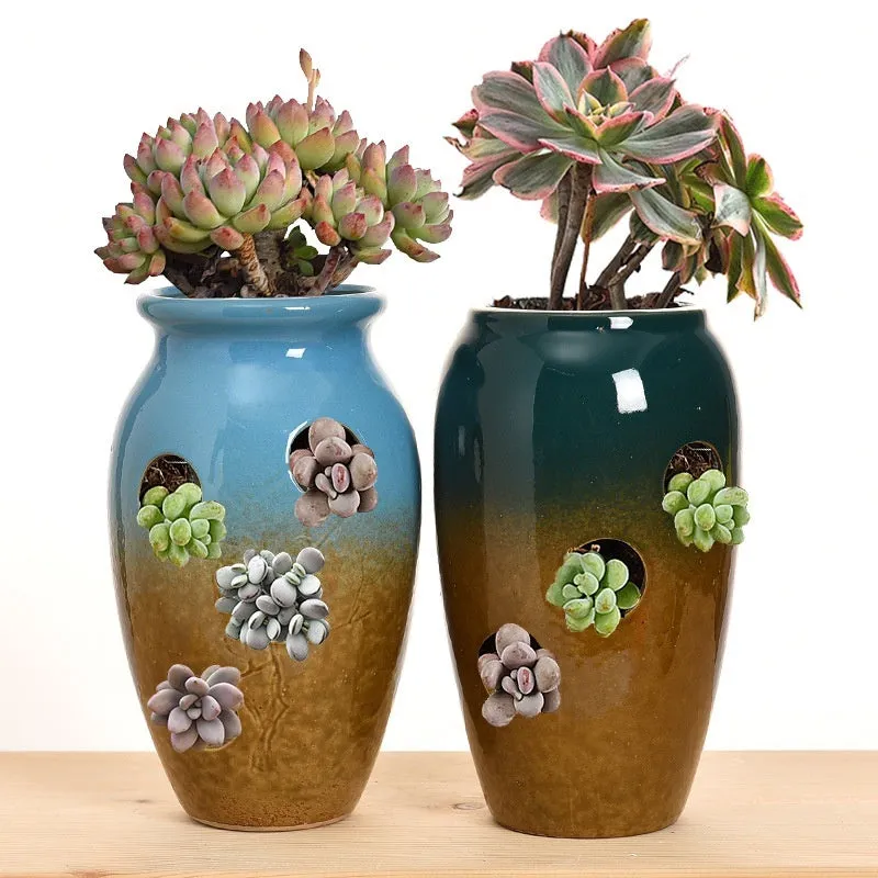 Pair of ceramic stoneware succulent plant pots 14cm height with two different calibers