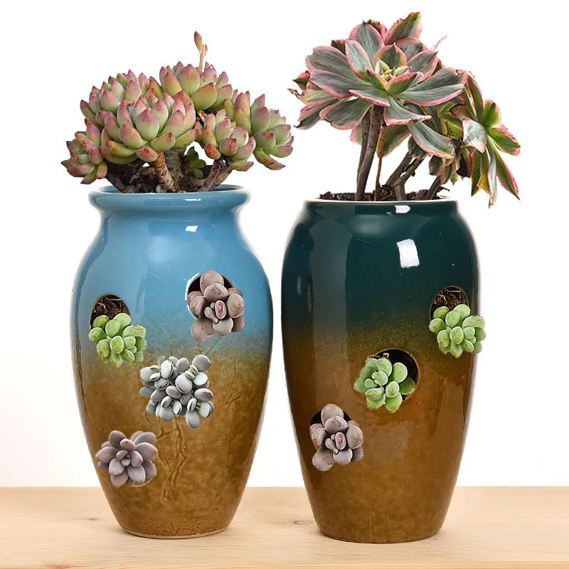 Pair of ceramic stoneware succulent plant pots 14cm height with two different calibers