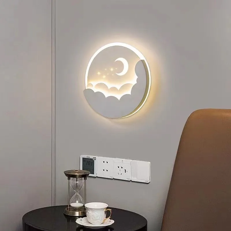 Modern minimalist bedside wall lamp with 28W, 25cm diameter, and adjustable light colour on a hallway wall
