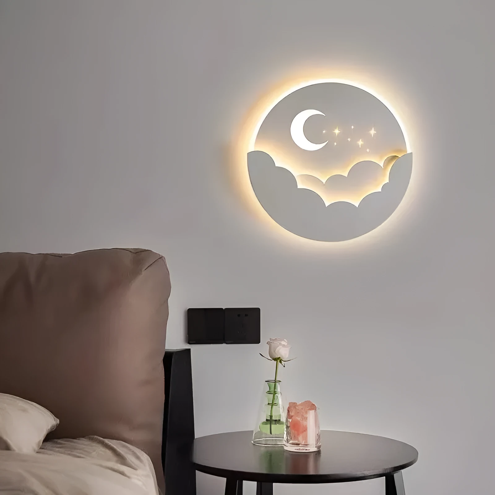 Modern minimalist bedside wall lamp with 28W, 25cm diameter, and adjustable light colour on a hallway wall