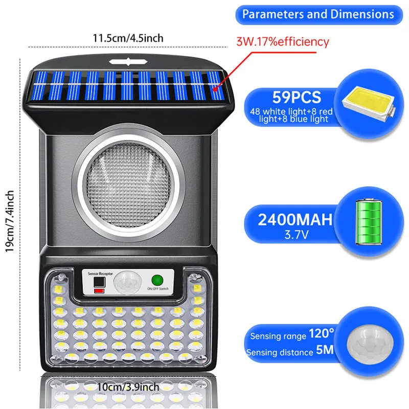 59 LED outdoor solar body sensing wall light with remote control on a brick wall