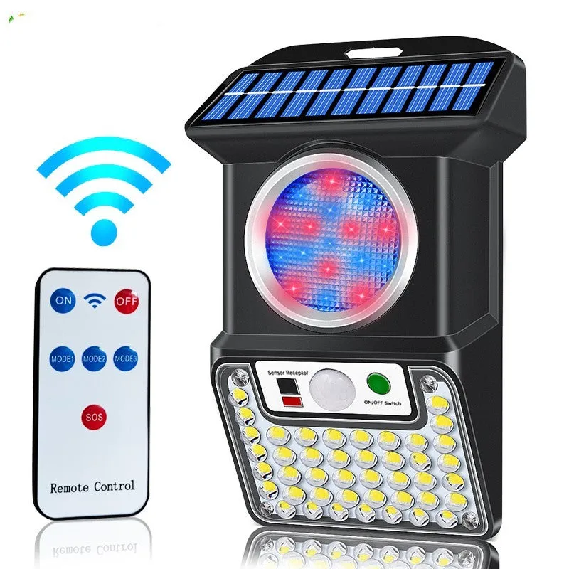 59 LED outdoor solar body sensing wall light with remote control on a brick wall