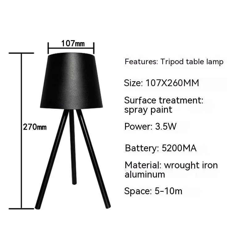 Simple charging LED night light desk lamp with triangle stand in black, 107 x 260mm, USB rechargeable