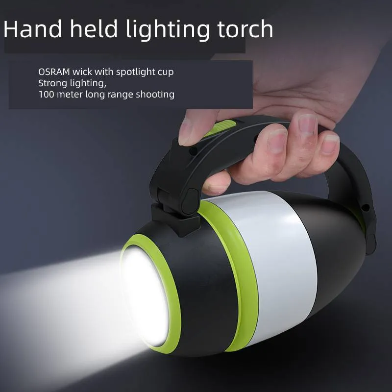 Black green multifunctional LED camping lamp with adjustable head, shown with USB cable.