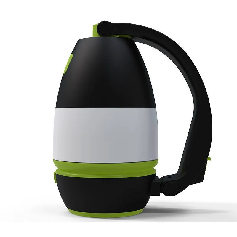 Black green multifunctional LED camping lamp with adjustable head, shown with USB cable.