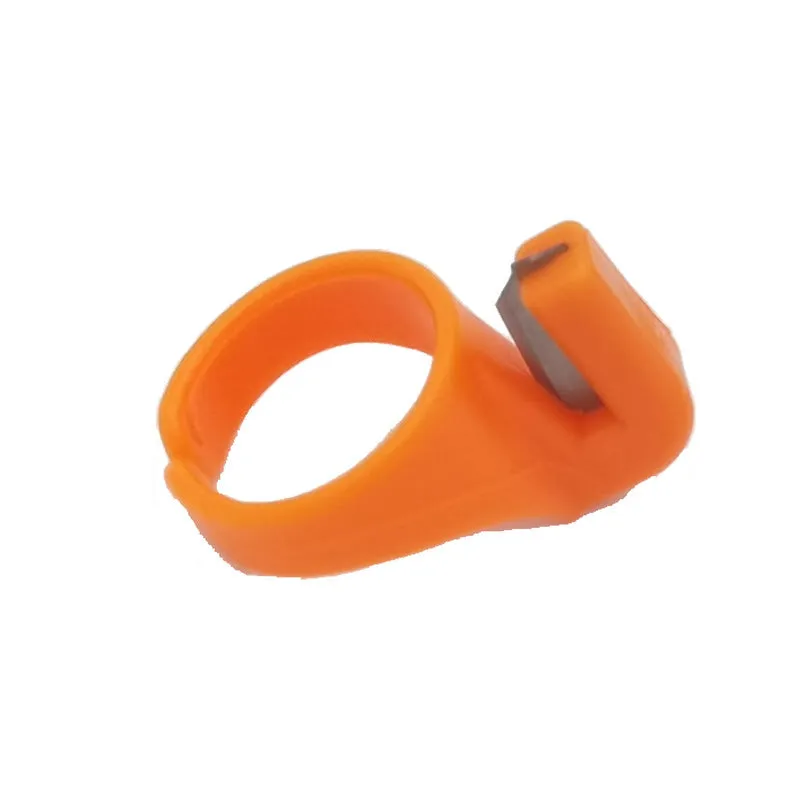 Three seam ripper ring knives in black, orange, and yellow with carbon steel blades and ABS plastic handles