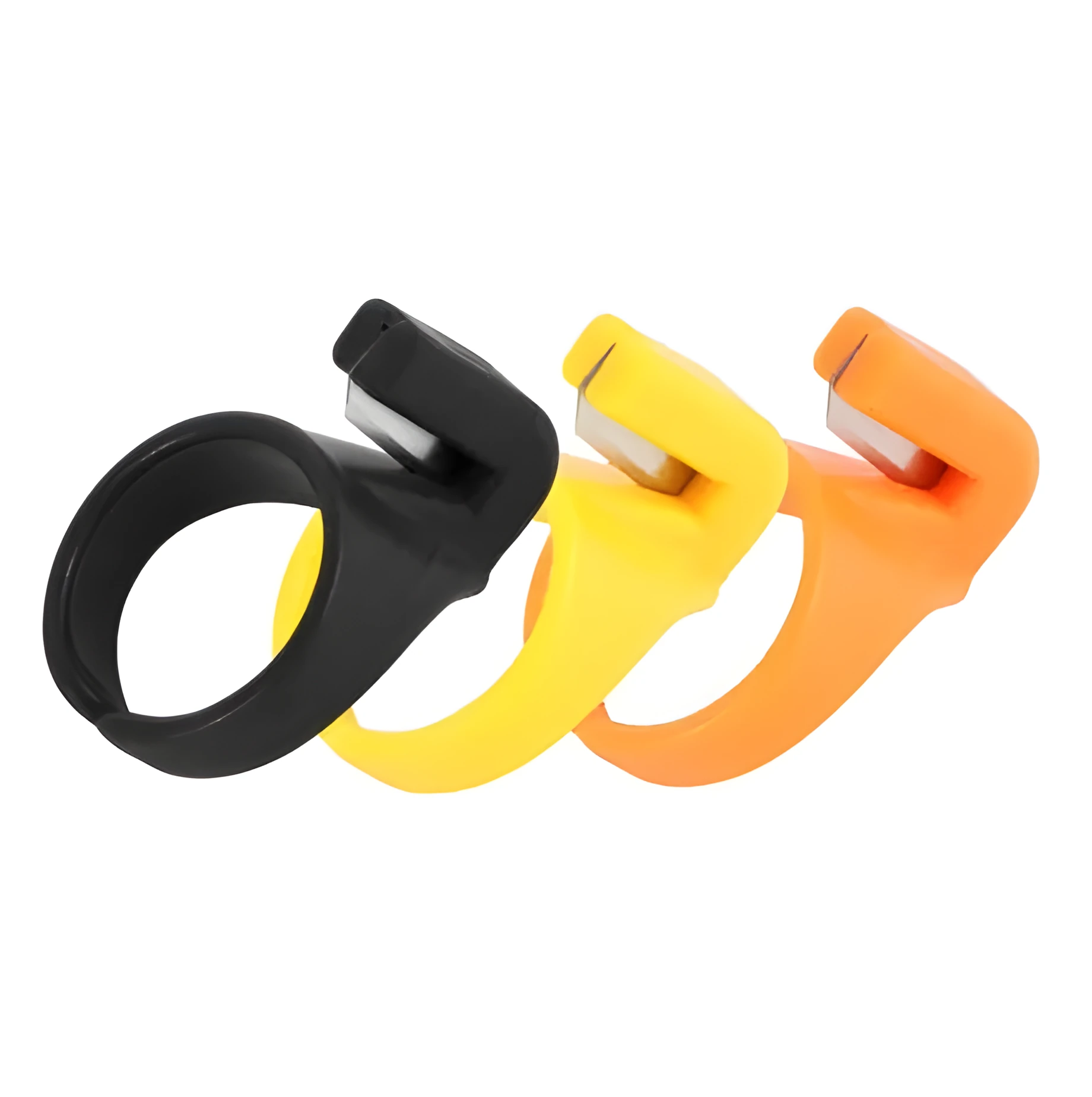 Three seam ripper ring knives in black, orange, and yellow with carbon steel blades and ABS plastic handles