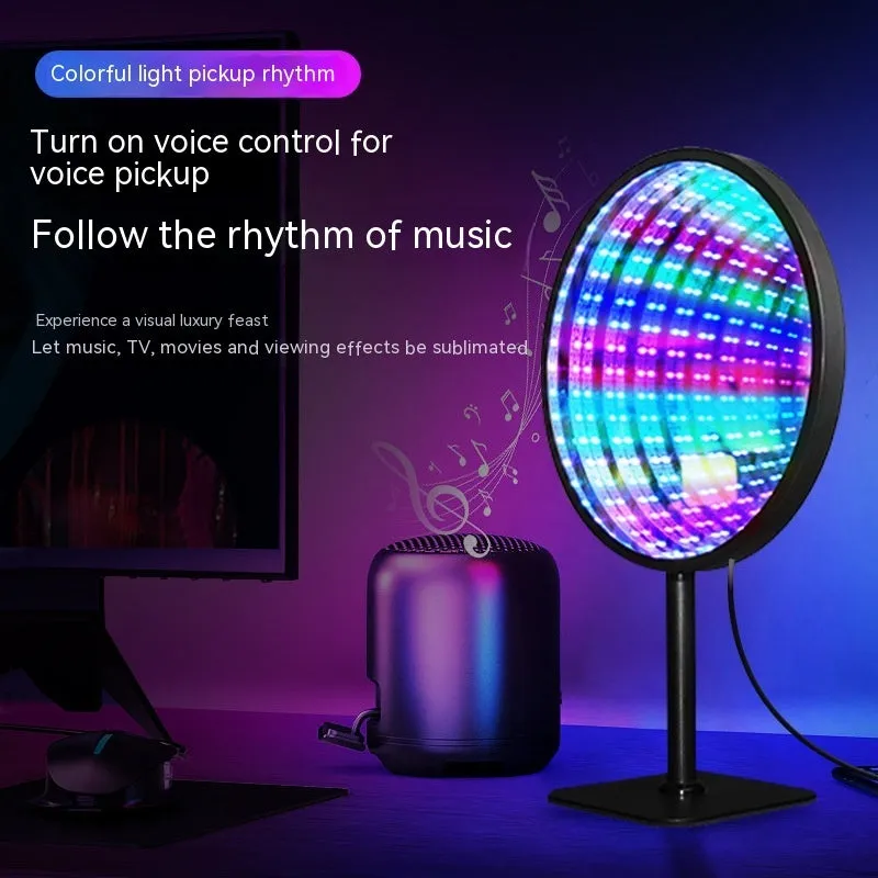 Creative Tunnel Multi-layer LED Mirror Ambience Light with remote control on a wooden table