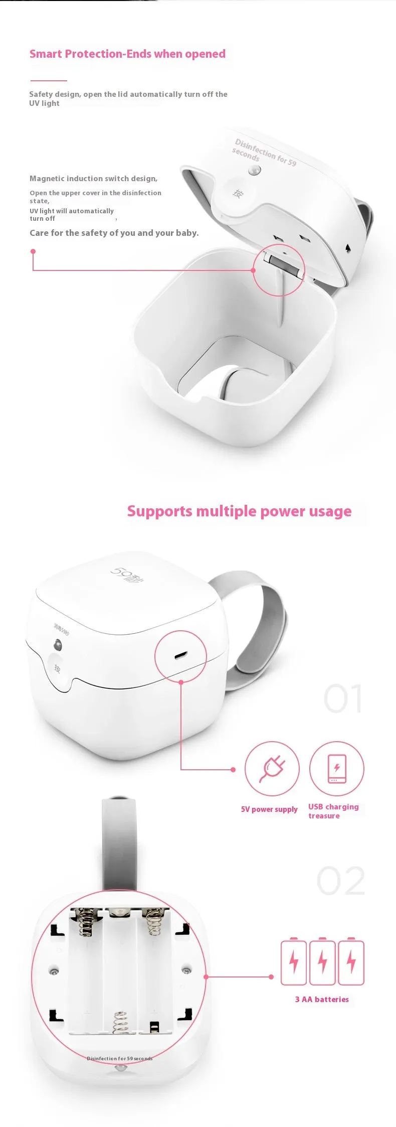 LED UV mini disinfection box pacifier sterilizer in white with USB cable and included items
