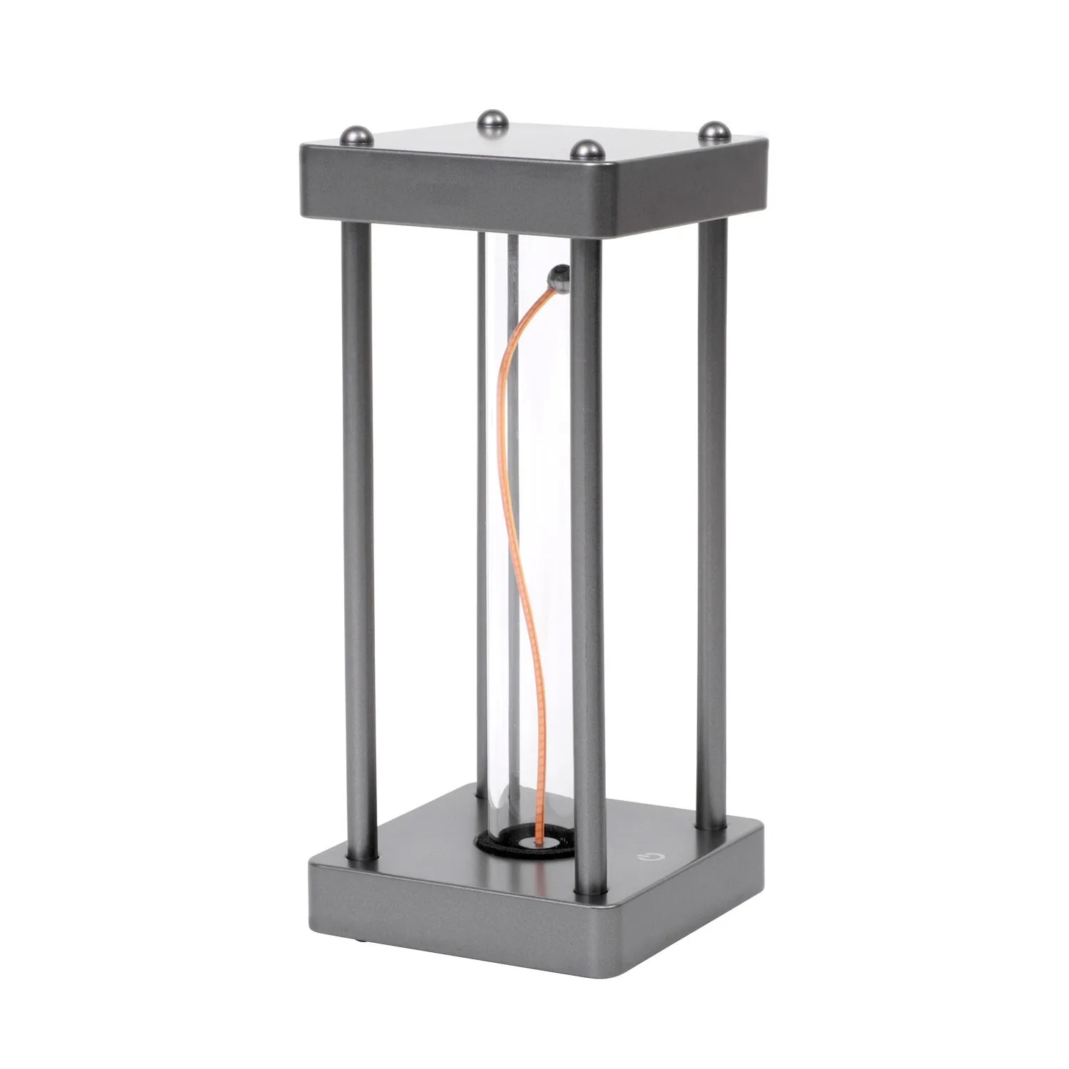 Metallic gray USB rechargeable night light with curved wire, 68x68x159mm