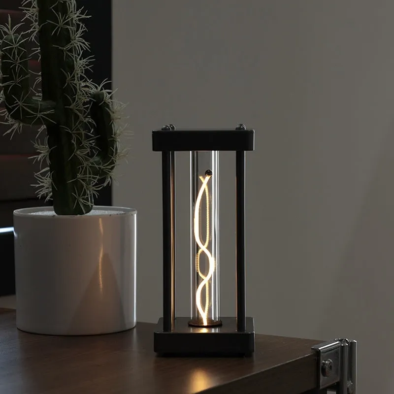 Metallic gray USB rechargeable night light with curved wire, 68x68x159mm