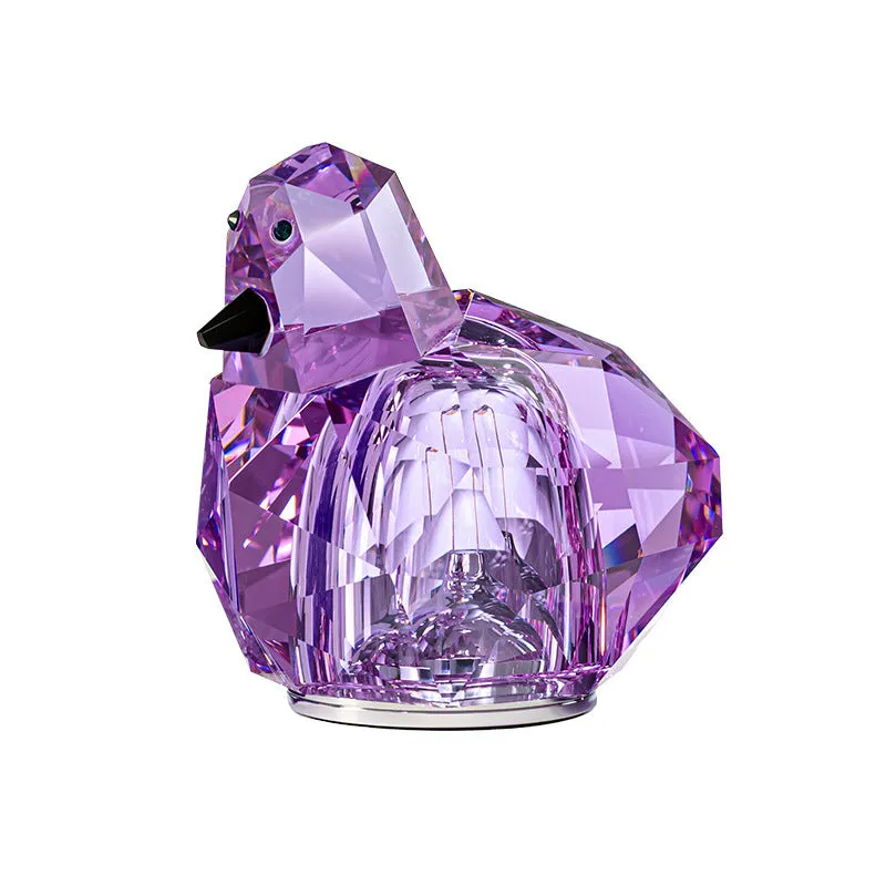 Portable crystal table lamp with 3-level dimming, compact 85x80mm size, available in purple, pink, and transparent colours