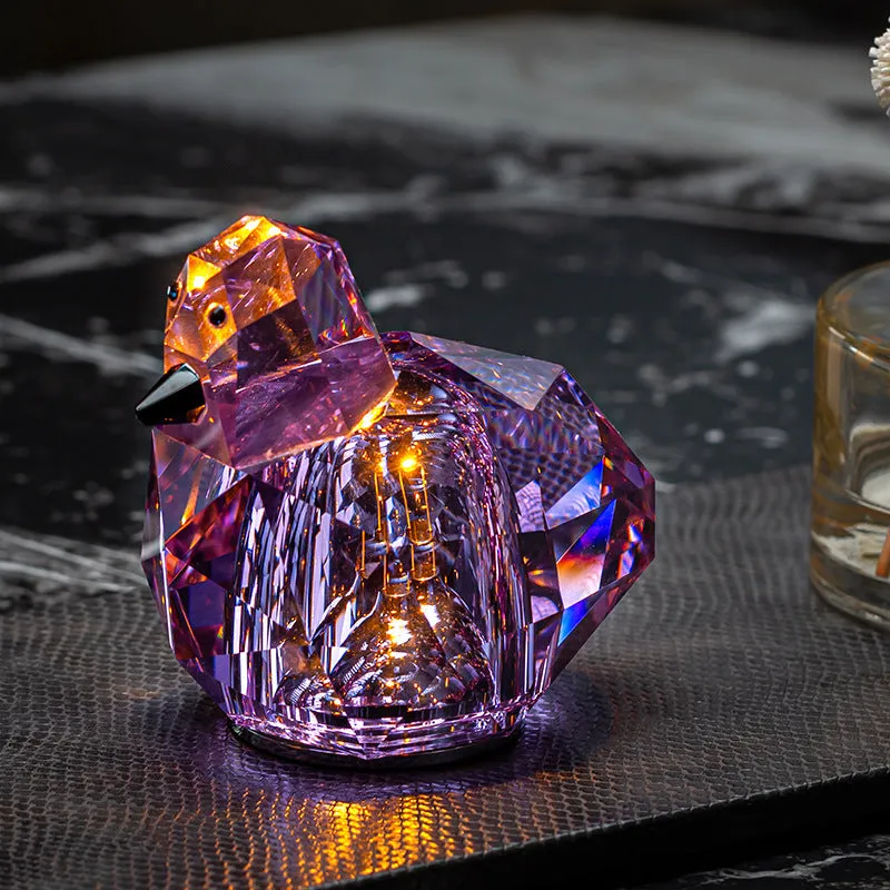 Portable crystal table lamp with 3-level dimming, compact 85x80mm size, available in purple, pink, and transparent colours