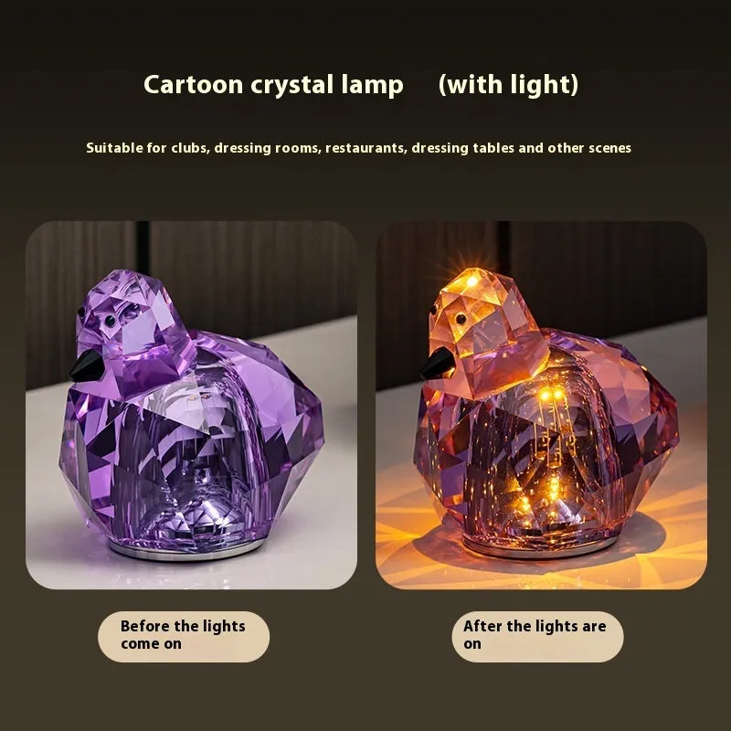 Portable crystal table lamp with 3-level dimming, compact 85x80mm size, available in purple, pink, and transparent colours