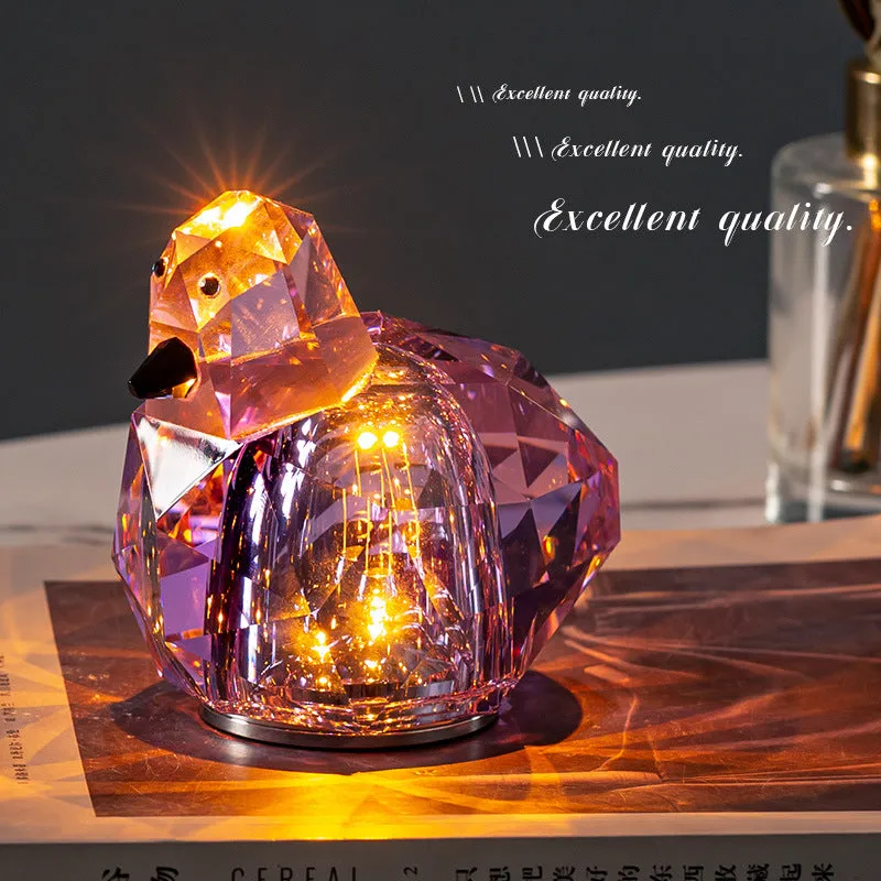 Portable crystal table lamp with 3-level dimming, compact 85x80mm size, available in purple, pink, and transparent colours